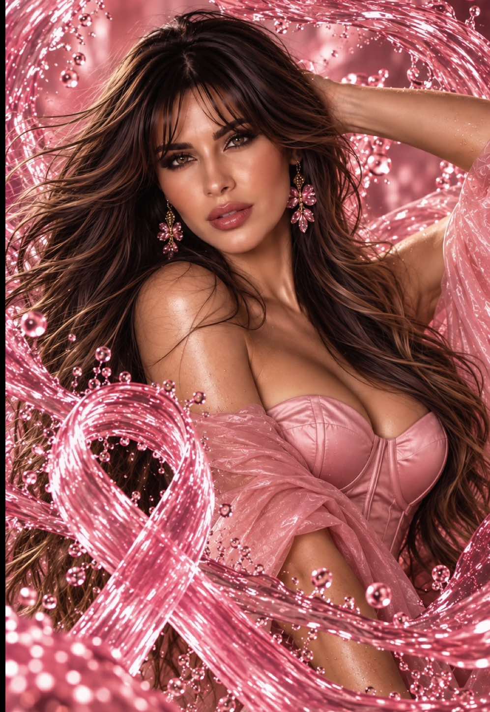 Gemini Realistic Natural ✨ | Outubro Rosa 🎀 Prompt para Gemini para criar uma fotografia feminina hiper-realista, cinematográfica e editorial, vertical 9:16, em alta definição. Crie uma fotografia de uma mulher adulta, elegante e feminina, em uma composição artística inspirada no Outubro Rosa. Ela está usando um sofisticado corset rosa acetinado, com tecido estruturado e acabamento delicado, acompanhado por uma peça de tecido rosa translúcido envolvendo suavemente os braços e o corpo. A mulher possui cabelos castanho-escuros muito longos, volumosos e ondulados, com movimento natural, textura realista e algumas mechas suavemente iluminadas. Ela olha diretamente para a câmera com uma expressão confiante, delicada e feminina. O elemento principal da composição é uma grande corrente de água líquida rosa, translúcida, brilhante e extremamente realista. A água faz uma curva fluida ao redor da mulher, passando por trás e pela frente do corpo, criando movimento e profundidade. Na parte frontal da composição, a corrente de água se cruza e forma visualmente um laço rosa, símbolo do Outubro Rosa. A água deve parecer realmente líquida, com transparência, reflexos, pequenas gotas, ondulações e superfícies brilhantes. O movimento deve ser elegante e contínuo, como uma fita de água suspensa no ar, mas mantendo aparência física e fotográfica realista. O laço formado pela água deve ser claramente reconhecível, porém integrado naturalmente à composição. Criar diferentes planos de profundidade: partes da água próximas à câmera levemente desfocadas, outras passando ao redor da mulher em foco, criando uma sensação cinematográfica e tridimensional. Pequenas gotas e partículas de água podem aparecer ao redor da corrente, capturando a luz. A iluminação deve ser cinematográfica, suave e predominantemente rosada, com reflexos naturais da água sobre a pele, cabelo e roupa. Manter textura real da pele, poros, microdetalhes e aparência natural, sem pele plástica ou excessivamente suavizada. A fotografia deve parecer uma verdadeira sessão fotográfica profissional de moda e beleza, com foco preciso nos olhos, profundidade de campo suave, bokeh elegante, composição editorial e aparência fotográfica hiper-realista. A imagem deve transmitir feminilidade, força, delicadeza e conscientização sobre o Outubro Rosa. O laço de água rosa deve ser o símbolo visual central da composição. Fotografia hiper-realista • retrato feminino • fotografia editorial • fotografia cinematográfica • Outubro Rosa • laço rosa • água líquida rosa • fotografia com água • Gemini AI • prompt para Gemini • Gemini realista natural • foto realista com IA • AI photography • realistic AI photo • photorealistic beauty • natural skin texture • cinematic portrait • editorial photography. Salve e copie o prompt para criar sua própria fotografia de Outubro Rosa com Gemini. 🎀 #GeminiRealistaNatural #PromptParaGemini #GeminiPhotoPrompt #OutubroRosa #AIPhotography 