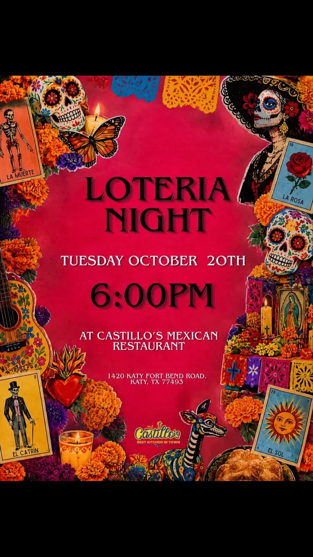 This time, we’re celebrating Día de los Muertos style! 🧡💀✨ 📅 Tuesday, October 20th ⏰ 6:00 PM 📍 Castillo’s Mexican Restaurant – Katy, TX 👗💀 COME DRESSED IN YOUR BEST DÍA DE LOS MUERTOS-INSPIRED OUTFIT! 🏆 The person with the BEST LOOK will win a SURPRISE PRIZE! 🎁👀 🍹🔥 FROZEN MARGARITAS $4.99 — ALL DAY! 🔥🍹 That’s right… ALL DAY! 🙌 💀🌼 DON’T MISS THIS ONE! Grab your friends, dress up, and join us for a night of Lotería, Día de los Muertos vibes, great food & $4.99 frozen margaritas! 📲 TAG YOUR CREW & MAKE PLANS NOW — WE’LL SEE YOU AT CASTILLO’S! #diadelosmuertos #loterianight #houstontx #fyp #happyhour 