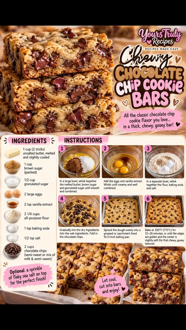 Cookie dough’s glow-up 😍🍪 Thick, chewy, gooey, and loaded with chocolate! 🤎 One bite and you’re hooked! 🤤 Save and share , you wont wanna skip this one 🫶🏻 #CookieBars #ChocolateChipCookieBars #EasyRecipes #YoursTrulyRecipes #SweetTreats