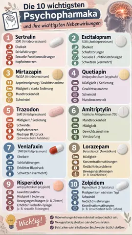 💊 Psychopharmaka einfach erklärt! In 10 Bildern: wichtige Psychopharmaka, ihre Wirkstoffgruppen, typische Nebenwirkungen und wichtige Pflegebeobachtungen. 🧠🩺 Besonders wichtig: Nebenwirkungen können individuell unterschiedlich sein. Medikamente niemals eigenständig absetzen oder die Dosis verändern. #Psychopharmaka #Pflegewissen #Pflege #Medizinwissen #Psychiatrie     