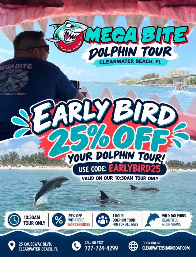 ☀️🐬 EARLY BIRDS SAVE 25% ON MEGABITE DOLPHIN TOURS! 🦈💙 Looking for a budget-friendly activity in Clearwater Beach? We’ve got you covered! 🤩 Book our 10:30 AM Megabite Dolphin Tour and get 25% OFF your entire party with code EARLYBIRD25! 💸 Spend an hour cruising the Gulf, searching for wild dolphins, enjoying beautiful Clearwater views, and making memories aboard our giant shark boat! 🌊☀️ 🎟️ Regular ticket prices: * Adults: $28 * Kids 5–13: $20 * Kids 4 & under: FREE! ⏰ 10:30 AM tour only! 💸 25% OFF with code EARLYBIRD25 🌐 Book online and enter the code at checkout! Who says vacation activities have to be expensive?! 😌🐬 📍 25 Causeway Blvd, Clearwater Beach, FL 📞 Call or text: 727-724-4299 🌐 clearwatersharkboat.com #Megabite #ClearwaterBeach #DolphinTour #ClearwaterDeals #ThingsToDoInClearwater 