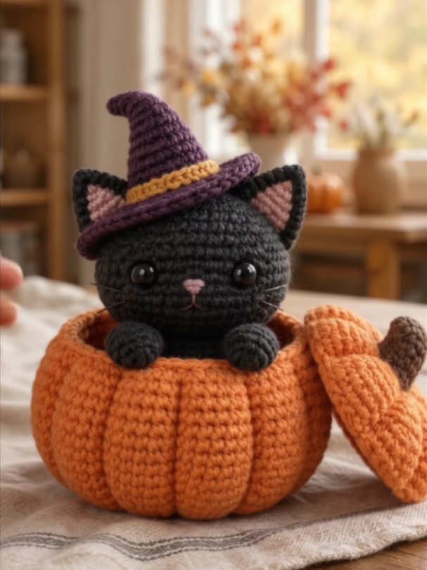 A tiny witch moved into this pumpkin 🐈‍⬛🎃 A little black kitten with a witch hat and its very own pumpkin hideout. 🧶💜 PURPLE or GREEN hat for the next kitten? Drop your pick below and send this to a cat-loving crochet friend! 🐾 #CrochetCat #HalloweenCrochet #PumpkinCrochet #Amigurumi #SpookyCute