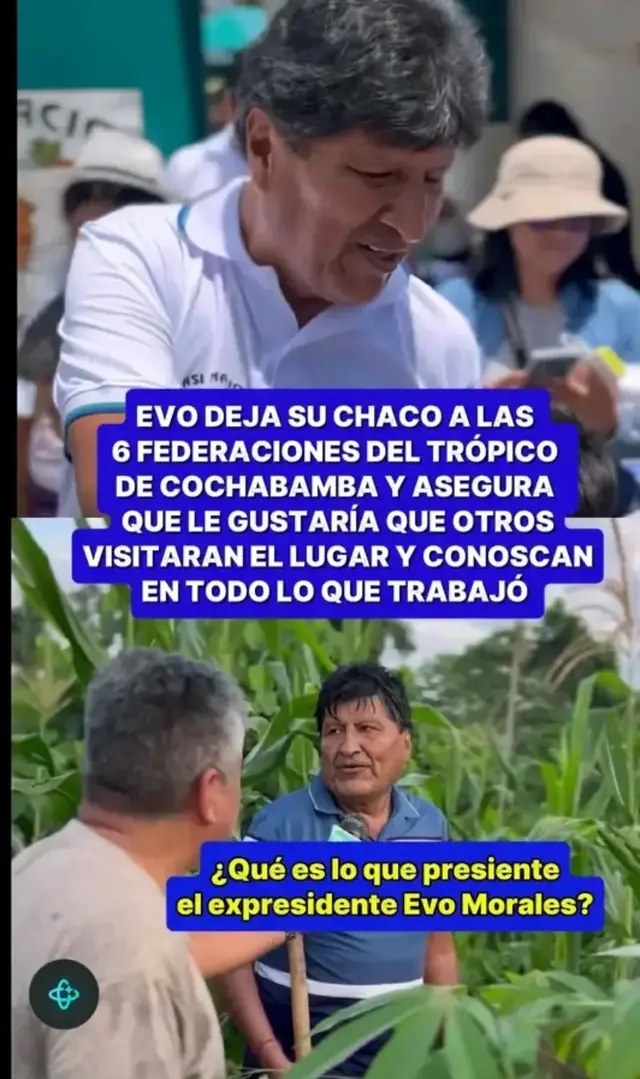 ¿El expresidente Evo Morales se despide? Al parecer el expresidente Evo Morales presiente que pueda sucederle algo y públicamente dijo que todos sus terrenos se quedarán para las 6 FEDERACIONES DEL TRÓPICO de COCHABAMBA. Y cuando ya no esté espera que otros puedan conocer donde estuvo y que hizo él.