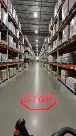Dynamic vehicle-mounted projection ensures forklift safety across two-way warehouse aisle intersections. #forkliftsafety #warehousesafety #safety