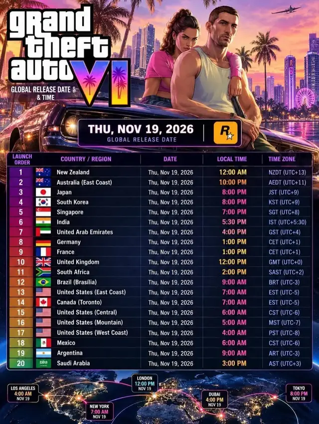 Here Are The Times That GTA VI Will Be Released On November 19th! #fyp #gtavi #grandtheftauto #gta6 
