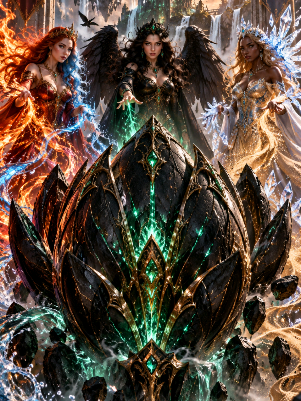 The Royal Phoenix of Three Worlds 👑🦅 Three Queens. Three Worlds. One extraordinary creation. 👑🌹 Born from fire, water, shadows, ice and golden sand, a royal Phoenix rises from the heart of a magical flower. Not just a creature of power… but a symbol of three worlds united. 🦅✨ #MilaSoraWorld #FantasyArt #RoyalPhoenix #DarkFantasy #FantasyReels