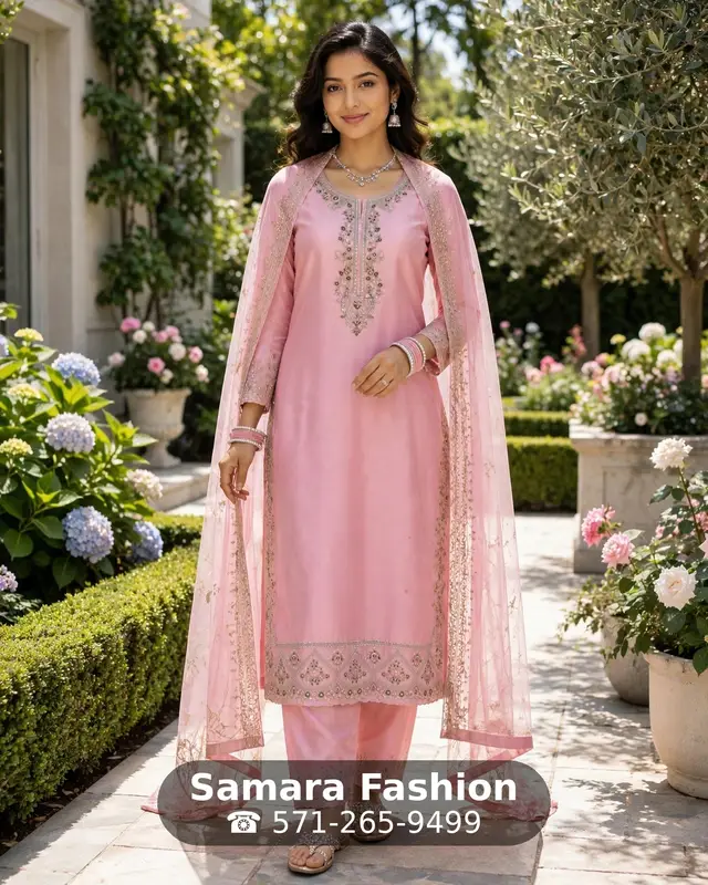 Looking for a pastel pink embroidered salwar kameez in the USA? 💗✨ Pretty in pink, timeless in tradition 🌸 This pastel pink suit features intricate handwork, a beautifully detailed embroidered neckline, and a lightweight organza dupatta with delicate border embroidery. Stitched and ready to wear — a dreamy pick for Navratri garba nights, Diwali poojas, and festive family gatherings. Would you wear this pink salwar suit for Navratri or save it for Diwali? Tell us below! 👇 📍 Samara Fashion | Manassas, Virginia 📲 DM or call/text 571-265-9499 to order 📦 Shipping available across the USA DM for price & sizing #PinkSalwarKameezUSA #EmbroideredSalwarKameez #BuyIndianClothesUSA #SalwarKameezUSA #NavratriOutfitUSA #DiwaliOutfitUSA #PunjabiSuitUSA #IndianBoutiqueUSA #SouthAsianBoutiqueUSA #ShopDesiWear #SamaraFashion #DesiInUSA #DMVDesi #FestiveWearUSA