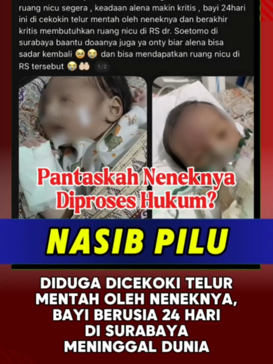 Kabar duka datang dari Surabaya, Jawa Timur. Bayi berinisial A yang baru berusia 24 hari meninggal dunia setelah menjalani perawatan intensif. Sebelumnya, A dilaporkan kritis usai diduga dicekoki telur mentah oleh neneknya. Kabar kepergian bayi tersebut disampaikan sang tante, Calista Arisha, melalui media sosial pada 11 Oktober 2026. Pihak RSUD Dr. Soetomo membenarkan kabar meninggalnya A. Namun, penyebab pasti kematiannya belum diungkapkan. Pihak keluarga menyebut kasus ini telah ditindaklanjuti. Menurut kalian, jika dugaan tersebut terbukti, apakah neneknya harus mendapat hukuman sesuai hukum yang berlaku? #berita #info #parentingtips #beritaviral #trending