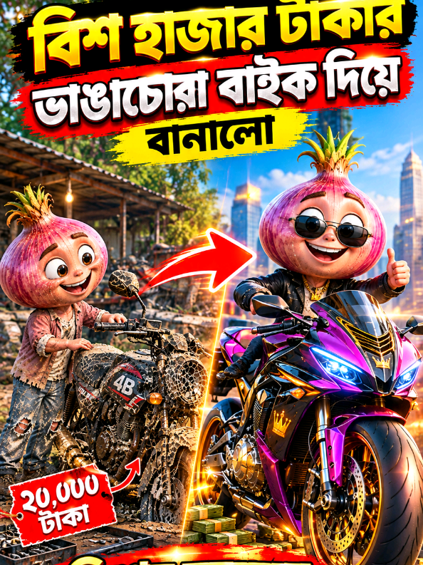বিশ হাজার টাকার ভাঙাচোরা বাইক দিয়ে বানালো বিশ্বের সবচেয়ে দামি বাইক পেয়াজ 😱🔥  বিশ্বাস না হলেও এমন ক্রিয়েটিভ আইডিয়া সত্যিই অবাক করে দেবে! 🏍️💎 কম টাকায় এমন অসাধারণ জিনিস বানানোর প্রতিভা সবার থাকে না! ❤️‍🔥 শেষ পর্যন্ত দেখুন, বাইকটির আসল লুক আপনাকে অবাক করে দেবে! 🤯 #AIStory #AIFood #AIFoodStory #BanglaStory #BanglaReels 