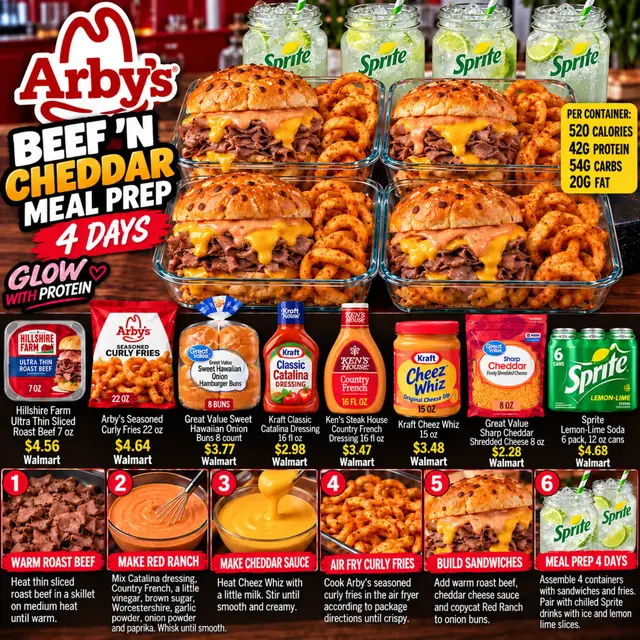 Who knew you could turn the classic Beef ’N Cheddar into a meal prep? We did exactly that for four days! 😮‍💨🥪🧀 This meal prep includes thin-sliced roast beef, creamy cheddar sauce, copycat Red Ranch, and onion buns. For sides, we added crispy curly fries and ice-cold Sprite. It's got that full Arby’s drive-thru energy, but it’s already packed and ready for the week. 😂 Make sure to save this idea because that Red Ranch and cheddar combo is everything. Would you meal prep this for four days or eat all four in two? 👀 #Arbys #BeefNCheddar #FastFoodMealPrep #MealPrepIdeas #CurlyFries 