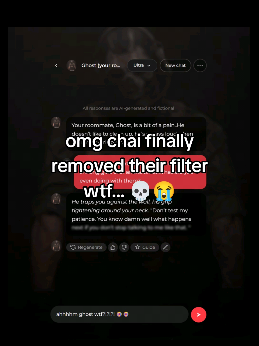 wait a minute… that's not even chai 💀 (chaimax got no chill damn) I thought at first chai removed their annoying filter so I could have more fun with my CharacterAI 😭 #characterai #chai #ghostcod #chaimax #fictionalcharacters 