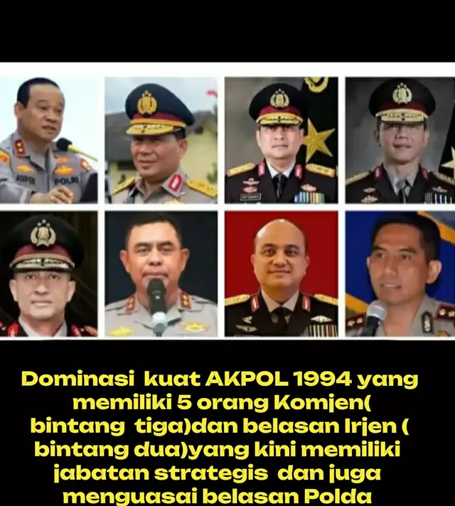 Kepemimpinan polri telah berganti melalui proses penyegaran dari dominasi Akpol angkatan 1991 lompat ke angkatan 1994 yang bisa jadi karena pucuk pimpinan polri sendiri dari angkatan 1994 yg secara otomatis akan berpengaruh pada satu angkatanya. Akpol 1994 kini memiliki 5 orang dengan pangkat bintang 3 atau Komjen dan belasan bintang 2 atau Irjen di antaranya 11 orang yang menduduki jabatan kapolda. Angkatan yang memiliki nama batalyon tunggal panuluhan ini memang sebelumnnya juga sudah di dominasi perwira-perwira berprestasi yang memiliki dedikasi tinggi di institusi kepolisian seperti Komjen pol.dwiyono,Komjen pol Asep Suheri serta kapolri sendiri yaitu jenderal polisi Suyudi Ario seto. Setelah di lantik menjadi kapolri jenderal Suyudi Ario seto merombak hampir 88 jabatan penting agar menjadi satu tujuan dengan harapan bisa mendukung penuh program kapolri yang memiliki motto baru polri bersama masyarakat ini.#jenderalmuda #polribersamamasyarakat #Antipencitraan #fyppppppppppppppppppppppp #fypシ゚viral 