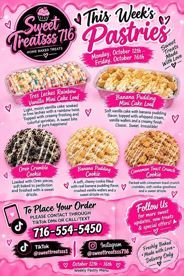 ✨Sweet Treatsss 716 has something sweet for you this week.    ✨From our Tres Leches Rainbow Vanilla Mini Cake Loaf to our Banana Pudding Mini Cake Loaf and our specialty cookies, there’s a treat waiting just for you.   ✨Don’t wait until Friday—order today! DM us on TikTok at SweetTreatsss1 or Instagram at SweetTreatsss716, or just call or text 716-554-5450. #homemadesweets #homemadecookies #DessertLovers 