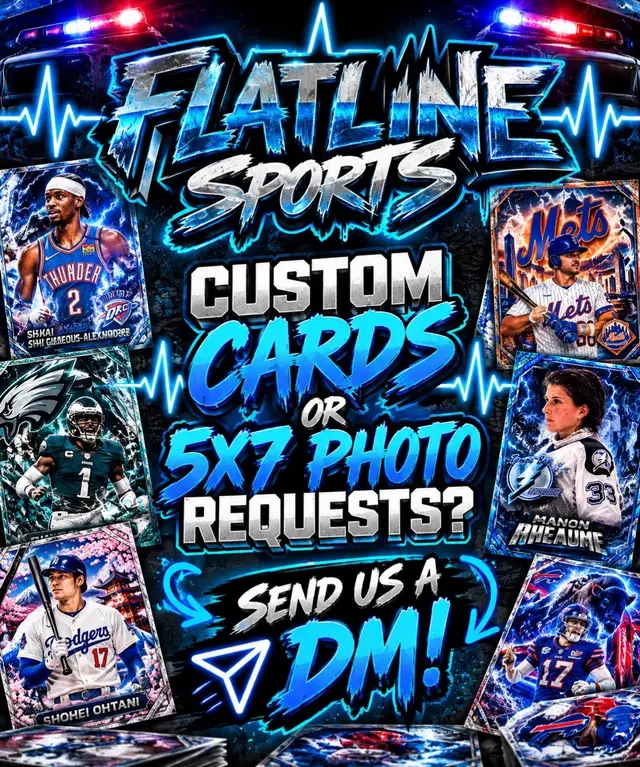 Do you have a custom card design that you’ve been wanting to bring to life? We can make it happen! We design, print and build our own custom cards! Send us a DM with your ideas and we can work with you to make it happen! 5X7 photos also available.  #customcards #sports #sportscards #flatlinesports #fyp 
