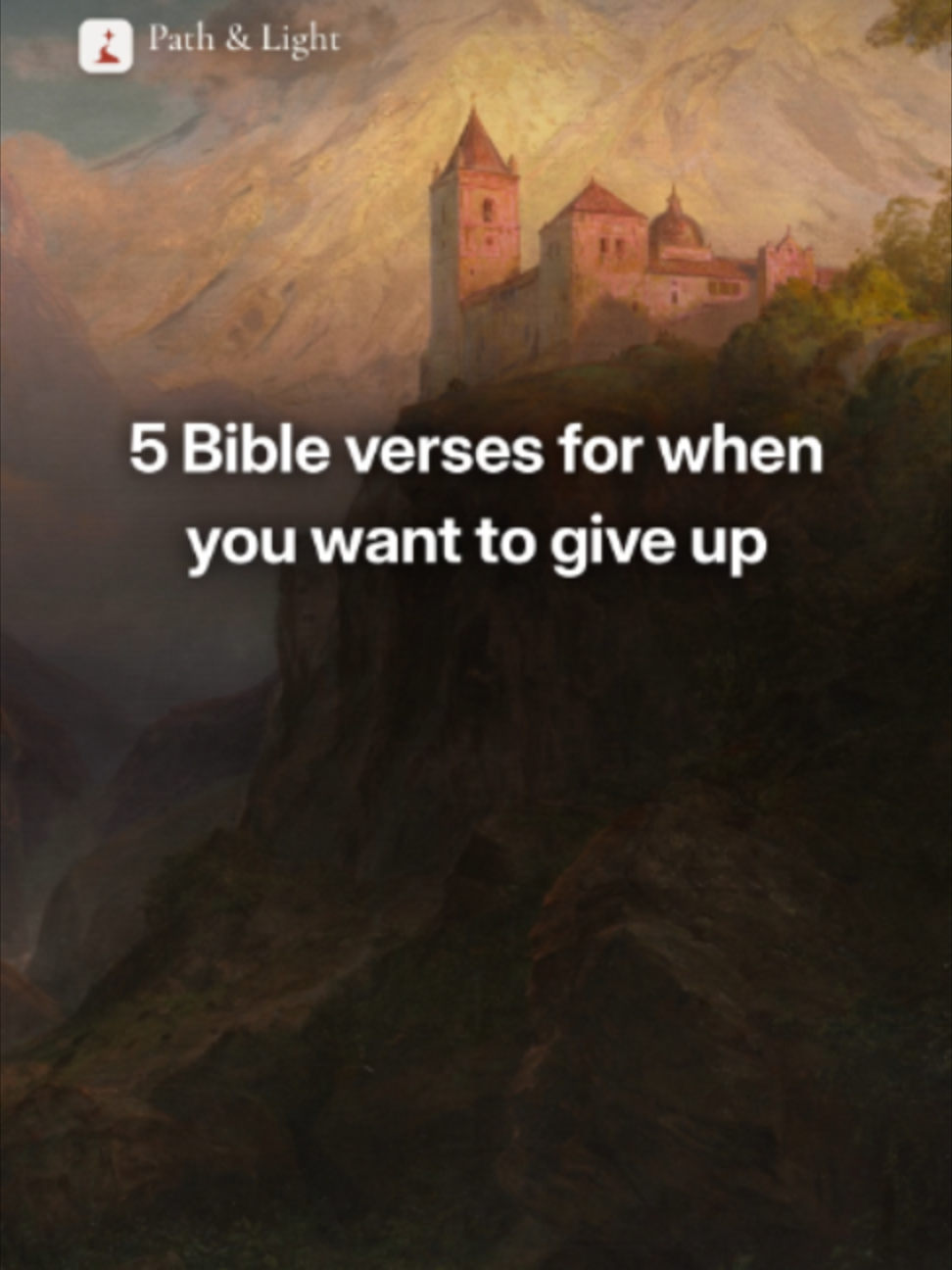 5 Bible verses for when you want to give up. Send this to someone who wants to give up. Galatians 6:9, Isaiah 40:29, Psalm 31:24, Philippians 4:13, 2 Thessalonians 3:13. World English Bible (WEB). Follow Path & Light for 5 new verses every day. Our Bible app is coming soon. Join the waitlist: https://pathandlight.com #bibleverse #bible #christian #dontgiveup #encouragement Music: “Midsommar” by Scott Buckley (scottbuckley.com.au), CC BY 4.0. Paintings: The Monastery of San Pedro, Frederic Edwin Church; In the Woods, George Inness; The Oxbow, Thomas Cole; Feige Waterfall, Johan Christian Clausen Dahl; The Waterfalls at Tivoli, Claude-Joseph Vernet; A Home in the Wilderness, Sanford Robinson Gifford. Cleveland Museum of Art and The Metropolitan Museum of Art, open access (CC0).
