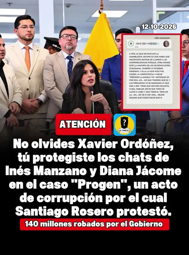 ATENCIÓN| 🚨 Xavier Ordóñez: no olvidemos que él protegió los chats de Inés Manzano y Diana Jácome en el caso Progen, ese acto de corrupción por el que Santiago Rosero alzó su voz en protesta. La memoria ciudadana no debe fallar: quienes amparen el saqueo de lo público también tienen responsabilidad ante el pueblo ecuatoriano. @𝗟𝗢𝗦 𝗜𝗡𝗙𝗢𝗥𝗠𝗔𝗡𝗧𝗘𝗦 @FUTURO EN MOVIMIENTO EC🧿  #CasoProgen #Corrupción #MemoriaCiudadana