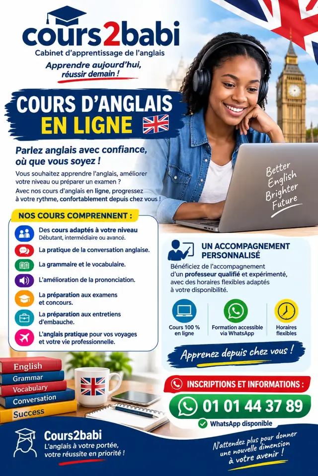 🇬🇧 Cours d’Anglais à Domicile 🇺🇸 📚 Apprenez l’anglais facilement, depuis chez vous ! ✨ Avantages : Cours personnalisés selon votre niveau (Débutant → Avancé) Conversation, grammaire, vocabulaire & prononciation Préparation examens / entretiens / voyages Horaires flexibles selon votre disponibilité 👩‍🏫 Professeur qualifié et expérimenté 🎯 Objectif : Vous faire progresser rapidement et avec confiance ! 📍 Lieu : À votre domicile (Abidjan et environs) 📞 Contact : 07 47 19 67 43 / 0101443789 💻 WhatsApp disponible