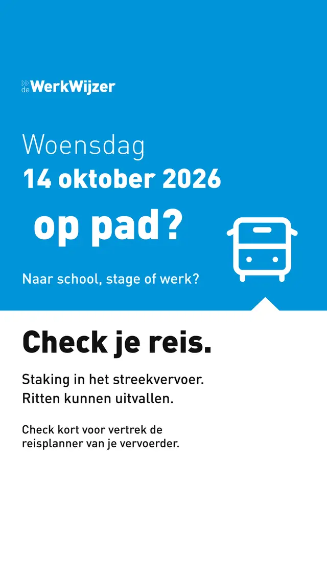 Door een staking in het streekvervoer kunnen ritten uitvallen. Bekijk kort voor vertrek in de app van je vervoerder of jouw bus of regionale trein rijdt. Houd rekening met extra reistijd en laat het op tijd weten als je later aankomt.