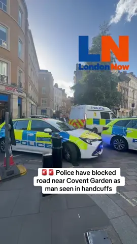 Police have blocked a road near Covent Garden, with a man seen in handcuffs. Several police officers at the scene. Live coverage on London Now #coventgarden #police #metropolitanpolice 