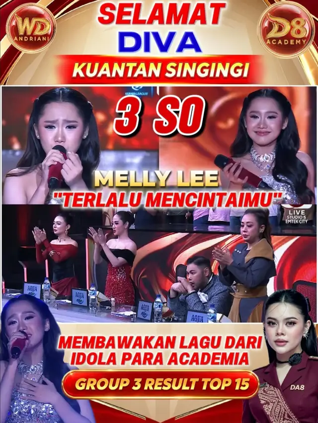 TAMPIL MEMUKAU‼️ DIVA (KUANTAN SINGINGI) SUKSES RAIH 3 SO DI GROUP 3 RESULT TOP 15 D'ACADEMY 8!   Setelah penampilan sebelumnya yang sempat kurang maksimal, Diva dari Kuantan Singingi membuktikan bahwa ia tak mudah menyerah.  Di malam Result Group 3 Top 15 D'Academy 8, Diva tampil penuh keyakinan membawakan lagu idola sekaligus pelatihnya sendiri, Melly Lee — 