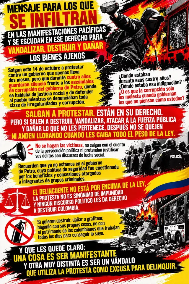 EL DERECHO A PROTESTAR NO ES UNA LICENCIA PARA VANDALIZAR Y DESTRUIR COLOMBIA SALGAN A PROTESTAR, PERO SI SALEN A DELINQUIR, DESPUÉS NO SE HAGAN LAS VÍCTIMAS CUATRO AÑOS DE SILENCIO FRENTE A LA CORRUPCIÓN Y AHORA DOS MESES BASTAN PARA SALIR A PROTESTAR ¿DÓNDE ESTABA SU INDIGNACIÓN DURANTE LOS CUATRO AÑOS DEL GOBIERNO DE PETRO? EL 14 DE OCTUBRE RECUERDEN QUE LA PROTESTA ES UN DERECHO, PERO EL VANDALISMO ES UN DELITO NO CONFUNDAN LA LIBERTAD DE PROTESTAR CON LA IMPUNIDAD PARA DESTRUIR SI DESTRUYEN LO QUE NO LES PERTENECE, NO SE QUEJEN CUANDO LES CAIGA TODO EL PESO DE LA LEY NO SE ESCUDEN EN LA JUSTICIA SOCIAL PARA JUSTIFICAR ACTOS DELICTIVOS ¿LA CORRUPCIÓN SOLO LES INDIGNA CUANDO GOBIERNAN LOS QUE NO PIENSAN COMO USTEDES? UNA COSA ES DEFENDER SUS DERECHOS Y OTRA MUY DISTINTA ES PISOTEAR LOS DERECHOS DE LOS DEMÁS EL 14 DE OCTUBRE PROTESTEN SI QUIEREN, PERO SI DECIDEN VANDALIZAR, NO CONFUNDAN LAS CONSECUENCIAS LEGALES CON PERSECUCIÓN POLÍTICA