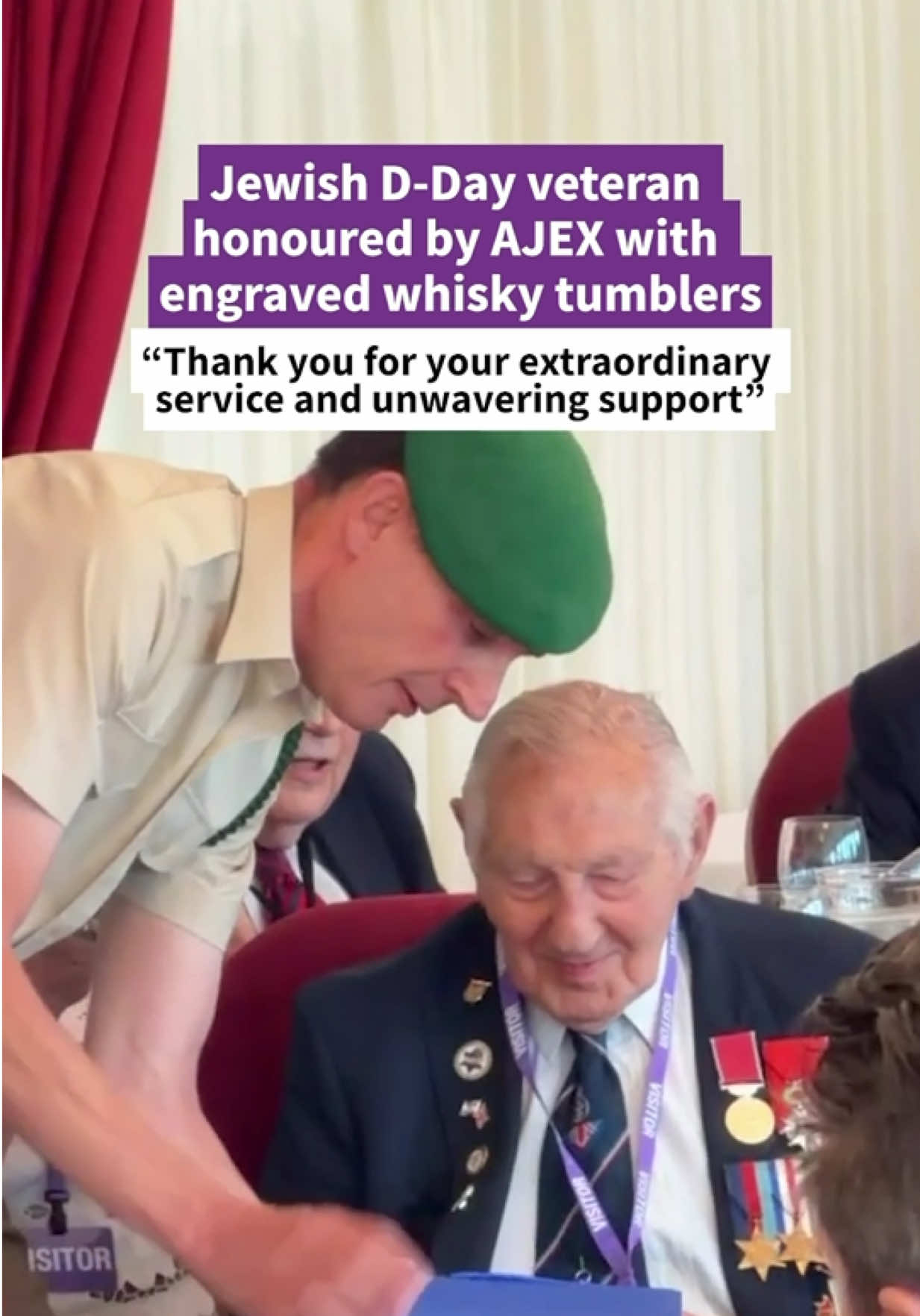 📍House of Lords // D-Day veteran Mervyn Kersh BEM is presented with engraved whisky tumblers for all he’s done for the Jewish community and AJEX. The tumblers read ‘Presented to Mervyn Kersh BEM Legion d’honneur House of Lords 21st July 2026’ and ‘Thank you for your extraordinary service and unwavering support’