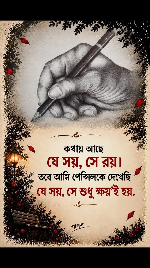কথায় আছে, যে সয়, সে রয়। তবে আমি পেন্সিলকে দেখেছি, যে সয়, সে শুধু ক্ষয়ই হয়..! 😅🥀 জীবনের কিছু সত্য বড্ড অদ্ভুত—যে মানুষটা সবার জন্য নীরবে কষ্ট সহ্য করে যায়, তার কষ্ট বোঝার মতো মানুষই খুব কম থাকে। পেন্সিল যেমন অন্যের জন্য লিখতে লিখতে নিজেকে ক্ষয় করে ফেলে, তেমনি কিছু মানুষও অন্যের মুখে হাসি ফোটাতে ফোটাতে নিজের হাসিটাই হারিয়ে ফেলে..! 🖤🥀 ✍️ পাগল #জীবনেরবাস্তবতা #নীরবকষ্ট #অবহেলা #বাস্তবকথা #পাগল