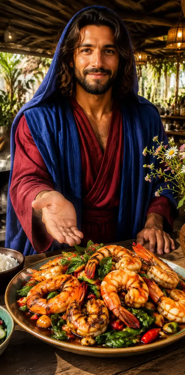 Peel and devein large prawns, leaving the tails attached for presentation. Heat vegetable oil in a wok over high heat and quickly sauté minced garlic and sliced red chili until fragrant. Add the prawns and stir-fry until they begin turning pink. Mix fish sauce, oyster sauce, soy sauce, and a small amount of sugar, then pour the mixture into the wok. Toss everything rapidly until the prawns are cooked and coated with the glossy savory sauce. Add plenty of fresh Thai basil leaves and stir just until wilted and aromatic. Finish with a squeeze of lime juice and sliced fresh chili. Serve immediately with steamed jasmine rice, allowing the spicy basil sauce to soak into the rice. 