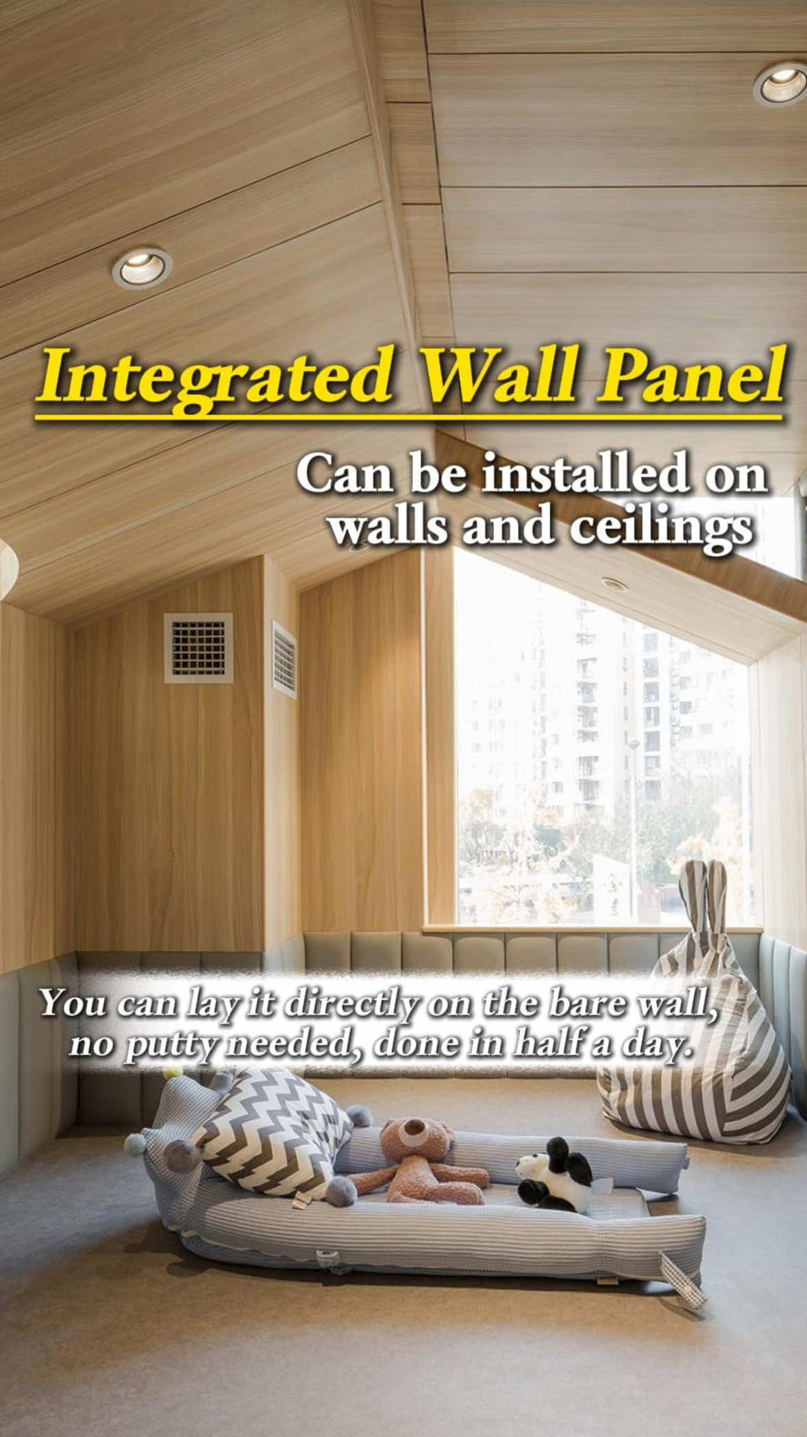 Designers & contractors: bamboo fiber panels install straight onto unfinished walls. Cut, glue, nail. Same for ceilings. Finish in a day — no dust, no strong odors. Easy to wipe clean, plenty of decorative finishes for residential & commercial projects.#integratedwallpanel #wpcwallpanel #bamboocharcoalpanel #bamboocharcoal#wallcladding 