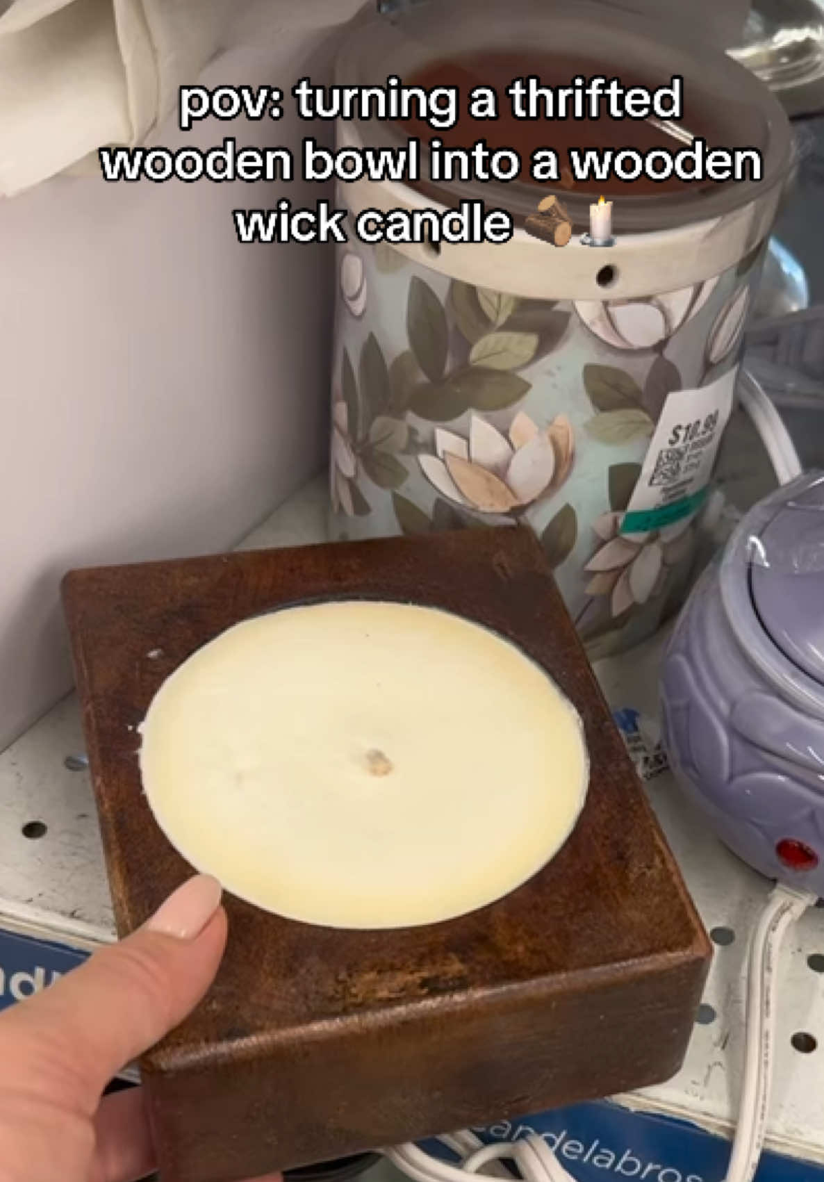 pov: I found this wooden bowl while thrifting and decided to give it a second life as a cozy handmade candle! 🤎✨ I’m transforming this thrifted find into a unique wooden bowl candle using soy wax and a large wooden wick. A little creativity + DIY candle making = beautiful home decor without buying new. ♻️🕯️#DIY #candlehack #asmr #candlemaking #fypppppppppppppppppppp 