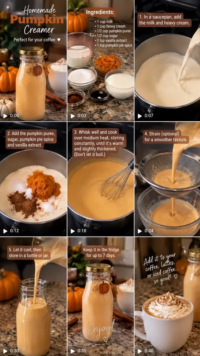 Skip the store-bought creamer and make your own delicious fall favorite at home! 😍 Perfect for your morning coffee, iced coffee, or pumpkin spice latte. Ingredients: * 1 cup milk * 1 cup heavy cream * ½ cup pumpkin purée * ½ cup sugar * 1 tsp vanilla extract * 1 tsp pumpkin pie spice Directions: 1. Add everything to a saucepan. 2. Whisk over medium-low heat until smooth and warm. Don’t boil. 3. Strain if desired. 4. Let cool and pour into a clean jar. 5. Refrigerate and enjoy within 7 days. Save this recipe for your next cozy fall morning! 🍁 #PumpkinCreamer #FallRecipes #TikTokRecipes #PumpkinSpice #HomemadeCoffee
