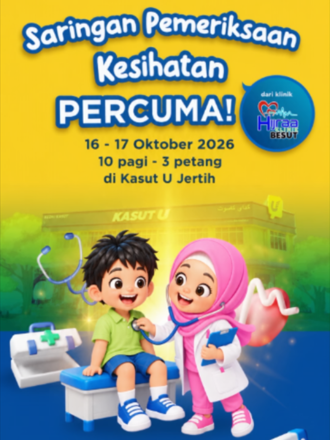 🩺 CHECK KESIHATAN PERCUMA?! ESOK DI KASUT U JERTEH!😍💙💛 Ore Jerteh, sambil shopping boleh check kesihatan sekali tau! 🤩 Sempena U-Karnival 2026, kami bawakan Saringan Pemeriksaan Kesihatan PERCUMA bersama Klinik Hijraa Besut! 🩺✨ 📅 16 – 17 Oktober 2026 ⏰ 10.00 pagi – 3.00 petang 📍 Kasut U Jerteh, Terengganu Jangan lupa ajak mak ayah, keluarga dan kawan-kawan datang sekali! Kesihatan terjaga, shopping pun jalan! 🛍️💙 #KasutU #KasutUJerteh #UKarnival2026 #PemeriksaanKesihatan #Jerteh