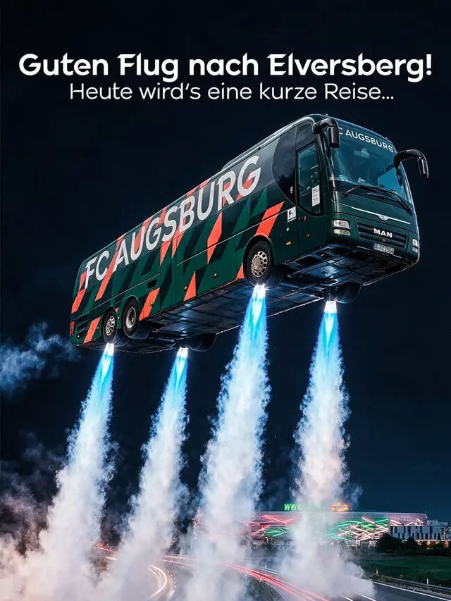 Bis 𝟐𝟎𝟑𝟎 wird es fliegende Autos geben, haben sie gesagt! 🆙💨 Jetzt fliegen wir 𝟐𝟎𝟐𝟕 sogar nach Elversberg! 🚌😝 #FCA #FCA1907 #fcaugsburg #Roadster #Bundesliga