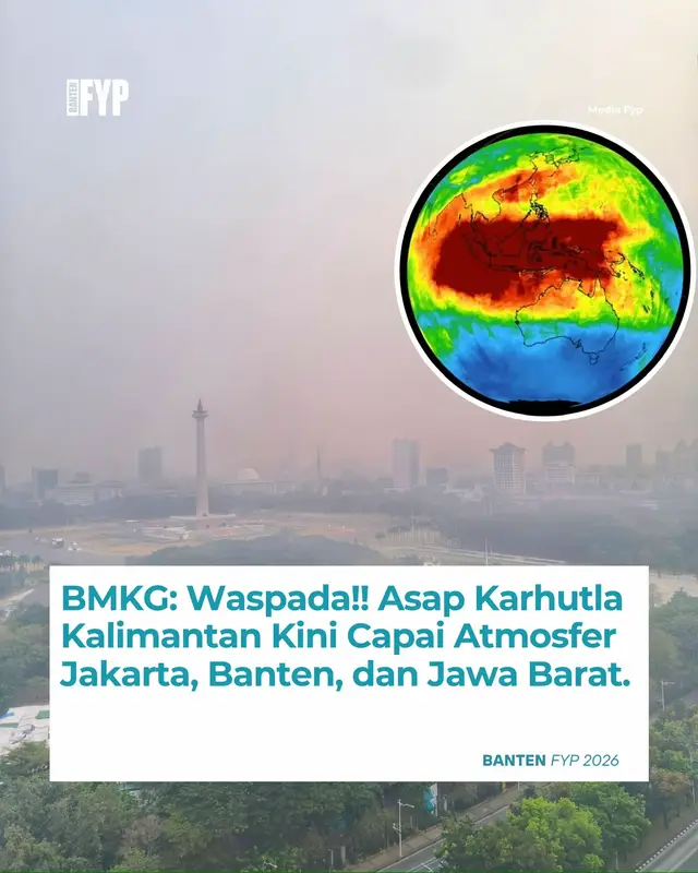 BMKG melaporkan asap kebakaran hutan dan lahan (karhutla) sudah menyebar hingga ke Jakarta, Banten, dan Jawa Barat. Asap tersebut terdeteksi lewat citra satelit dan analisis cuaca. Sekretaris Utama BMKG, Guswanto, mengatakan pantauan terbaru menunjukkan asap karhutla telah masuk ke atmosfer di tiga wilayah tersebut pada Jumat (16/10/2026). Menurutnya, asap bisa sampai ke sana karena terbawa pergerakan angin. Hal itu disebabkan oleh arah dan kecepatan angin di berbagai lapisan udara yang mendorong sebaran asap, jelasnya.  Support dengan cara follow @pandeglang.fyp & @banten.fyp terimakasih 🙏🏻 #kahutla #kalimantan #jakarta #kebakaranhutan #bantengfyp 