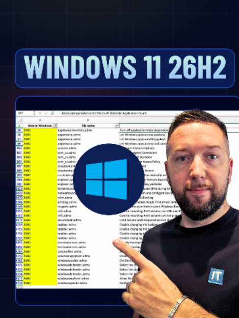 Une trentaine de nouveaux paramètres de GPO arrivent avec Windows 11 26H2. Voici où les trouver. Microsoft a publié un fichier Excel (Group Policy Settings Reference) : filtre la colonne New in Windows sur 26H2 et tu as la liste. Ensuite, installe le pack ADMX 26H2, copie le dossier PolicyDefinitions dans le magasin central de ton domaine Active Directory (SYSVOL), sans oublier les fichiers ADML fr-FR et en-US. Au menu : connecteurs IA et serveurs MCP autorisés, blocage NTLM amélioré, SPN basés sur l'IP pour Kerberos, barre des tâches figée, report des mises à jour Windows Update limité. Tu as déjà intégré les ADMX 26H2 sur ton environnement ? #windows11 #gpo #activedirectory #sysadmin#pourtoi