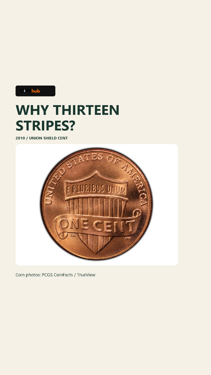 Thirteen stripes, one union. The shield cent's top bar represents the federal government; its design began in 2010. #CoinCollecting