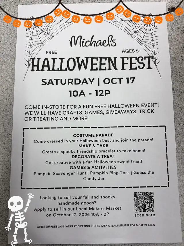 🎃 Get ready for some SPOOKTACULAR fun!  Join us tomorrow, Saturday, October 17, for our Halloween Fest! 👻✨ Festivities kick off at 10 AM, with a special Ballet Folklórico performance at 11 AM! 💃🧡 📞 Have questions? Give us a call at 714-992-9272. #HalloweenFest #BalletFolklorico #HalloweenFun #Michaels