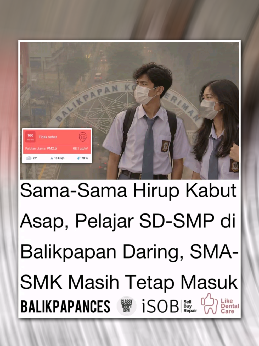 KITA JUGA MANUSIA 🥀 Pemerintah Kota Balikpapan resmi menghentikan sementara pembelajaran tatap muka dan mengalihkan kegiatan belajar menjadi Pembelajaran Jarak Jauh (PJJ) mulai Sabtu, 17 Oktober 2026, menyusul memburuknya kualitas udara akibat kabut asap kebakaran hutan dan lahan (karhutla). Kebijakan ini berlaku bagi seluruh TK/PAUD, PNF/SKB, SD, dan SMP negeri maupun swasta hingga ada ketentuan lebih lanjut. Selama PJJ, siswa mengikuti pembelajaran dari rumah, sementara guru dan tenaga kependidikan tetap bekerja dari sekolah serta diminta memberikan tugas secara proporsional. Orang tua juga diimbau membatasi aktivitas anak di luar rumah untuk mengurangi paparan asap. Adapun SMA/SMK, madrasah, dan pondok pesantren dapat menyesuaikan pelaksanaan pembelajaran sesuai kewenangan masing-masing. Pembelajaran tatap muka akan kembali dilaksanakan setelah mempertimbangkan hasil evaluasi kondisi dan kualitas udara terkini di Balikpapan. Gimana menurutmu ces? 🙌 #karhutla #asap #prayforindonesia #fyp 
