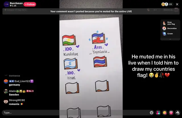 Why did he muted me in his live when I told him to draw my countries flag? 😭✌️🥀💔 #fyp #fypシ  