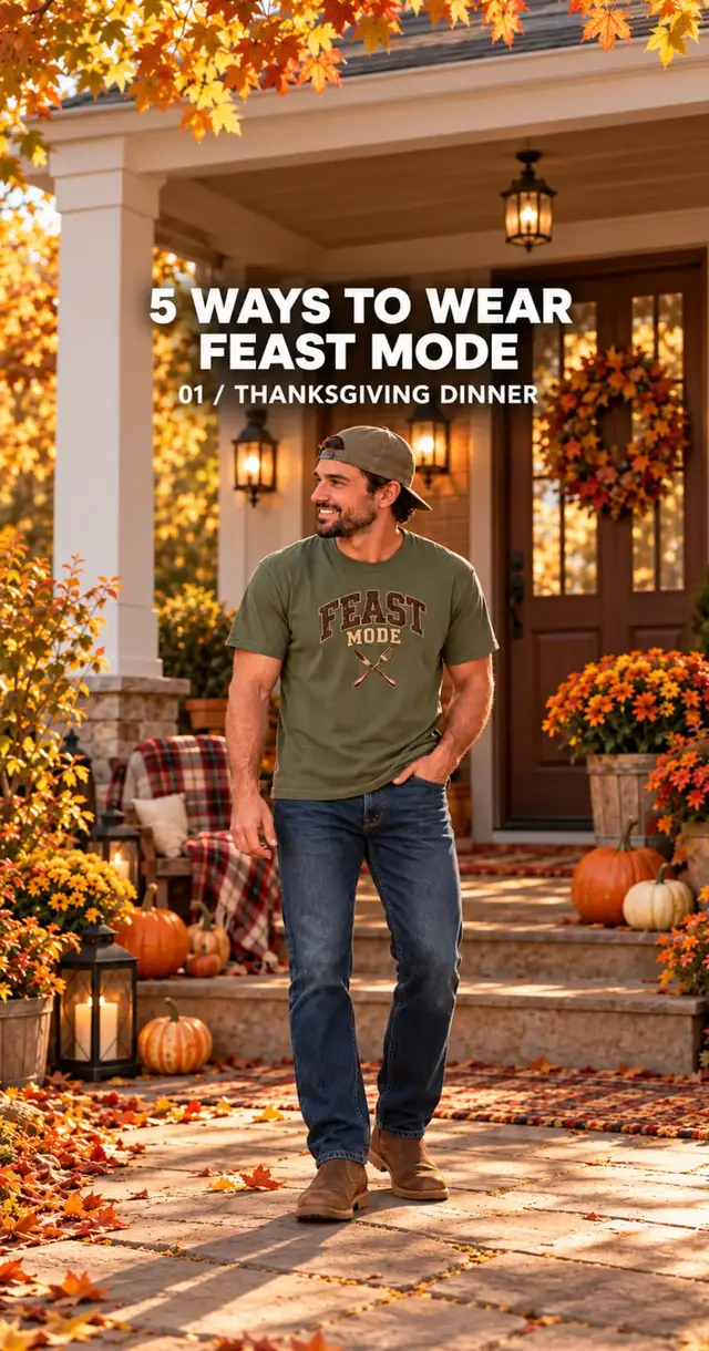 One tee. Five Thanksgiving looks. 🦃🍂 From dinner with the family to football and leftover runs, we’re bringing FEAST MODE all weekend. Which look are you wearing 1, 2, 3, 4, or 5? 👇 Save this for your Thanksgiving outfit inspiration! #menstyle  #ThanksgivingOutfit #MensFallFashion #ThanksgivingShirt #mensoutfit 