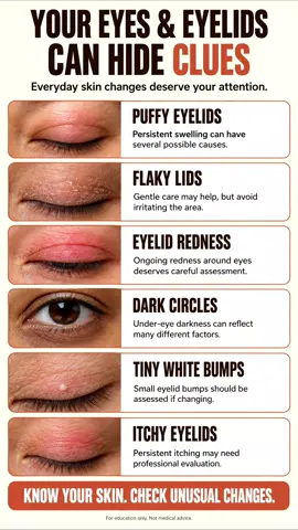 The skin around your eyes is delicate. Puffiness, flaking, and redness can have different causes. Avoid irritating the area and seek medical advice for persistent symptoms or eye pain. Save this for later. #SkinHealth #EyeCare #Dermatology #SkinAwareness #HealthySkin 
