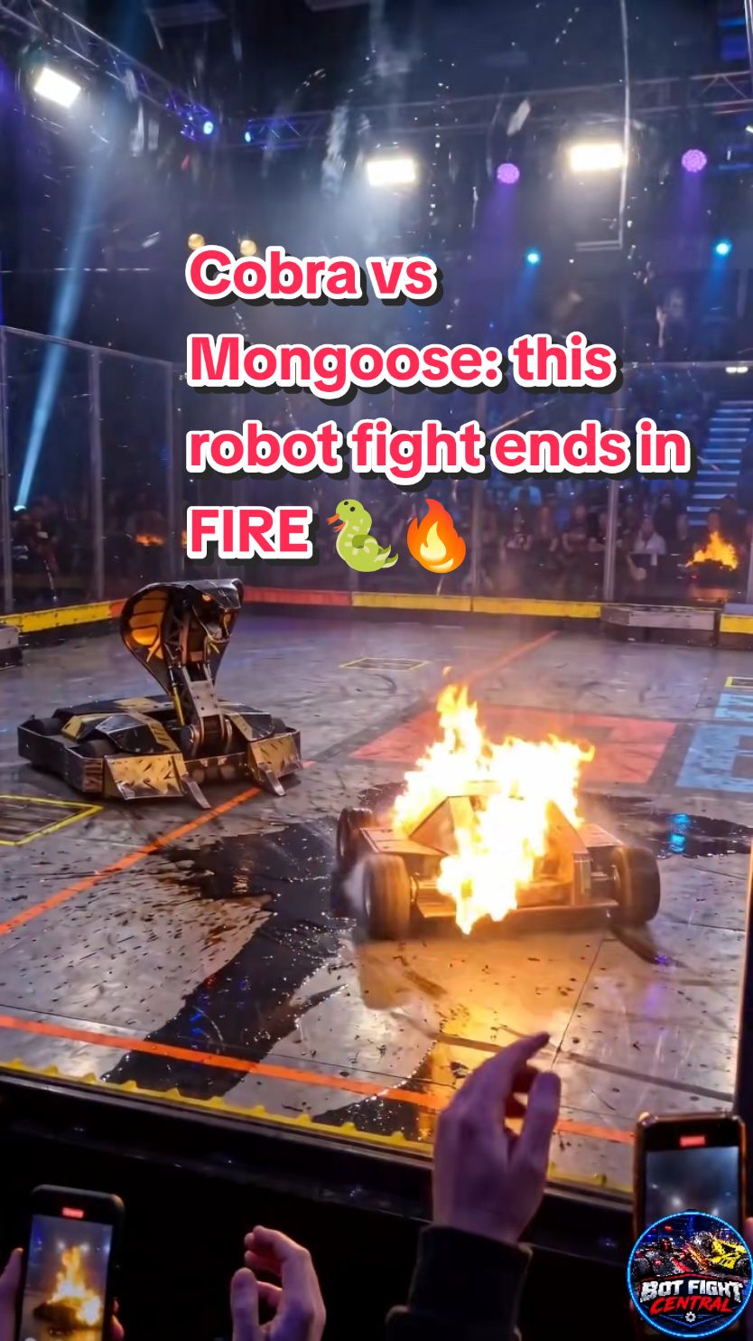 Front row, no barrier, pure chaos 🐍⚔️🔥 The Cobra sprays oil, the Mongoose can't get a grip... then the Cobra lights it up. Who wins? 👇 #RobotFight #BattleBots #RobotCombat #Cobra #Mongoose #RoboticsTikTok #FYP #ForYou #Viral #AIVideo #AIGenerated #Robots #Fire #Epic #USA 