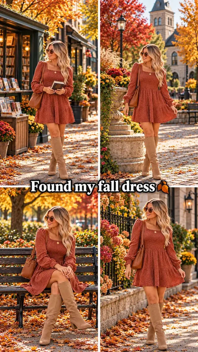 The rust color, square neckline, and flowy skirt 😍 Pair this WIHOLL babydoll dress with tall boots and your favorite bag for an easy fall outfit. Coffee dates, dinner plans, or family pictures.  #tiktokshopcreatorpicks #TiktokshopblackFriday #tiktokshopfalldealsforyou #discoveryourgift 