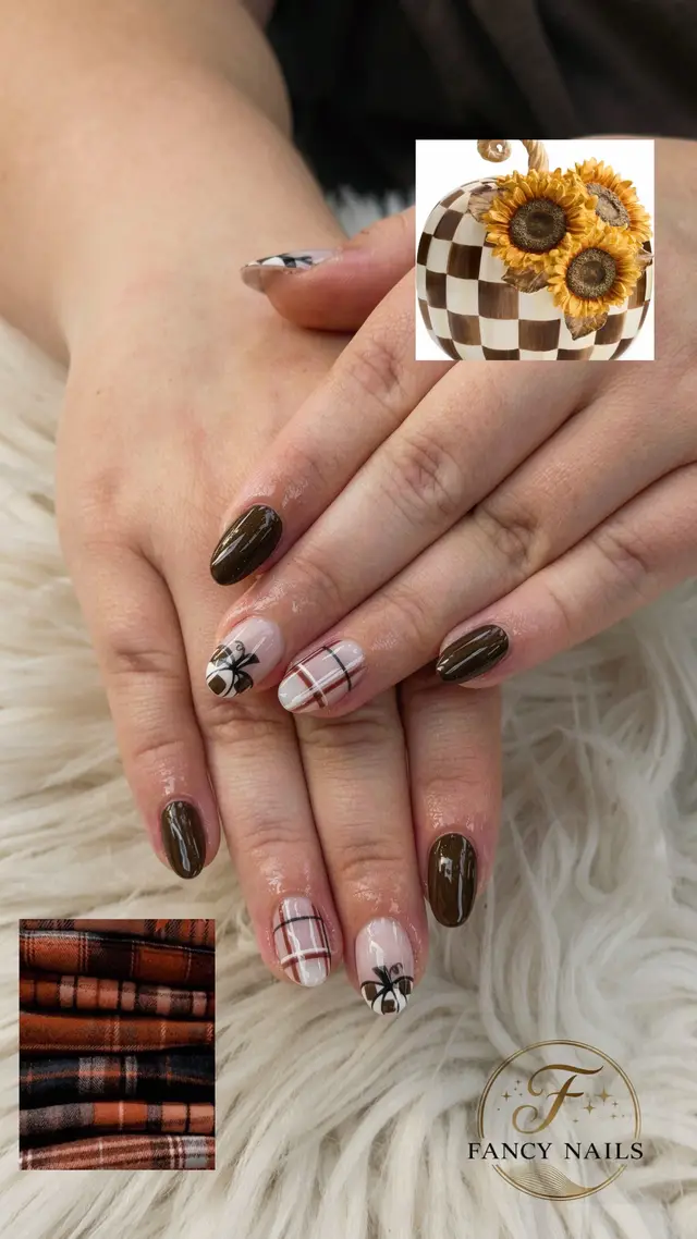 Nails by Ngun( Moon )  ✨ Inspo of the Day ✨ Cozy fall vibes 🍂🤎 Chocolate brown + plaid + the cutest little bow 🎀 Perfect for a soft, classy fall look! 🤎✨ #FancyNailsWhiteland #NailInspo #FallNails #AutumnNails #NailsOfTheDay