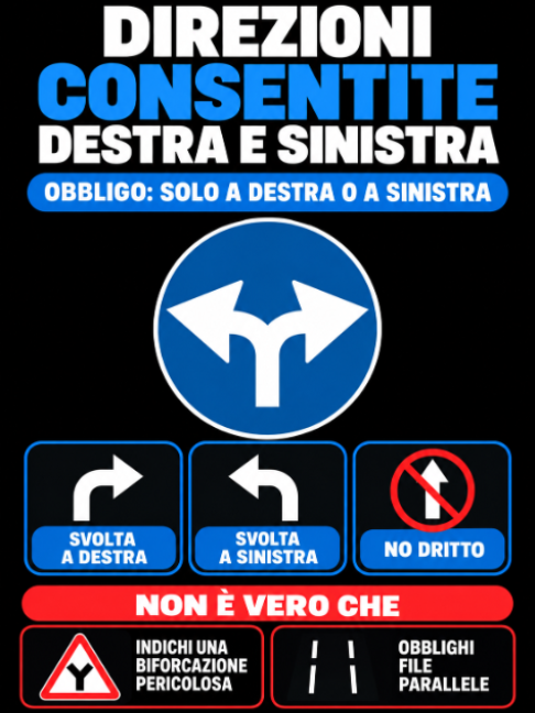 Direzioni consentite destra e sinistra - È un segnale di prescrizione (obbligo) che indica come uniche direzioni consentite quelle a destra e a sinistra. Il segnale permette di svoltare a destra o a sinistra, ma vieta di proseguire diritto. Non è vero che indichi una biforcazione pericolosa. Non è vero che obblighi a predisporsi per file parallele. ⚠️ Attenzione: questo segnale permette di scegliere tra due direzioni, ma non consente di proseguire diritto! Non deve essere confuso con i segnali di biforcazione o di preselezione delle corsie. Con VIA Patente puoi imparare a riconoscere i segnali di obbligo, comprendere le direzioni consentite e affrontare con sicurezza le domande dei quiz ministeriali. ↔️ Scopri quando puoi svoltare a destra o a sinistra 🚫 Ricorda perché è vietato proseguire diritto 🚦 Distingui i segnali di direzione da quelli di pericolo 🛣 Impara a riconoscere le indicazioni agli incroci 🎯 Mettiti alla prova con quiz, video e spiegazioni visive 📚 Riconosci ogni segnale con VIAPATENTE.IT #dire #direzioni #destra #e #sinistra