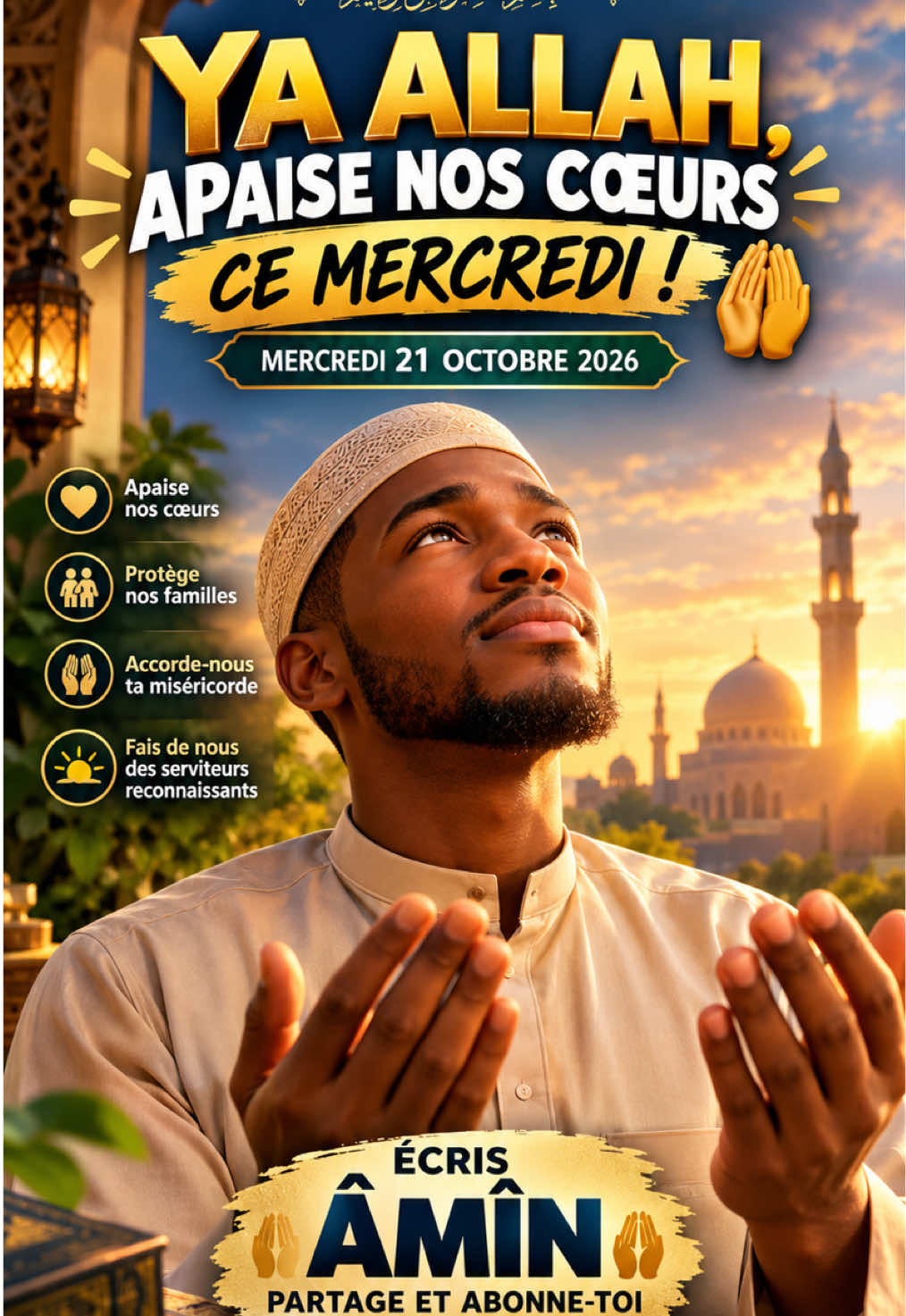 Qu’Allah apaise nos cœurs, protège nos familles et remplisse cette journée de bénédictions. 🤲 Écris ÂMÎN et partage ce rappel avec ceux que tu aimes. #Doua #Invocation #RappelIslamique #Allah 