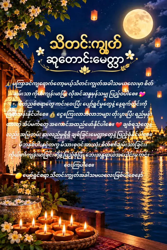 🙏 သီတင်းကျွတ်အခါသမယလေးမှာ စိတ်ချမ်းသာ ကိုယ်ကျန်းမာပြီး လိုအင်ဆန္ဒမှန်သမျှ ပြည့်ဝပါစေ။ 💖 ✨ စိတ်ညစ်စရာတွေ ကင်းဝေးပြီး ပျော်ရွှင်မှုတွေနဲ့ နေ့ရက်တိုင်းကို ဖြတ်သန်းနိုင်ပါစေ။ 💰 ငွေကြေးလာဘ်လာဘများ တိုးပွားပြီး ရည်မှန်းထားတဲ့ အိပ်မက်တွေ အကောင်အထည်ဖော်နိုင်ပါစေ။ ❤️ ချစ်ရသူတွေနဲ့လည်း အမြဲတမ်း နားလည်မှုရှိရှိ ချစ်ခြင်းမေတ္တာတွေနဲ့ ပြည့်စုံနိုင်ပါစေ။ 🪔 မိဘနှစ်ပါးနှင့်တကွ မိသားစုဝင်အားလုံး စိတ်၏ချမ်းသာခြင်း၊ ကိုယ်၏ကျန်းမာခြင်းတို့နဲ့ ပြည့်စုံပြီး ဘေးအန္တရာယ်အပေါင်းမှ ကင်းဝေးကြပါစေ။ 🌕 ပျော်ရွှင်စရာ သီတင်းကျွတ်အခါသမယလေးဖြစ်ပါစေ#မြင်ပါများပြီးချစ်ကျွမ်းဝင်အောင်လို့😜🤗 #viewတက်စမ်းကွာ👊 #fypシ 
