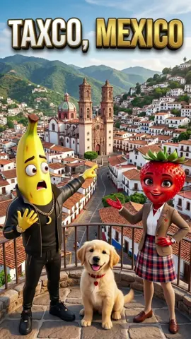 🇲🇽 A city climbing the mountains, a giant church, sparkling silver, and the cutest travel buddy! 😱🐶🍌🍓 Would YOU explore Taxco, Mexico? 🇲🇽👇 #TaxcoMexico  #MexicoTravel  #TravelTok  #HiddenGems  #ExploreMexico 