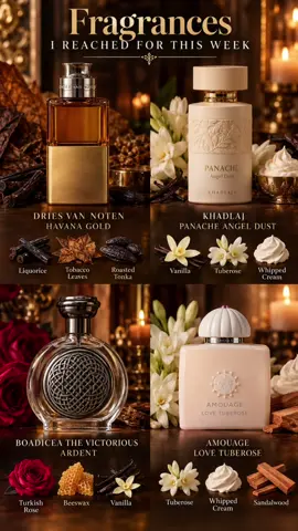 Fragrances I kept reaching for this week ❤️ I absolutely adore all four of them for different reasons. 😁😁 @driesvannoten @Khadlaj Perfumes @AMOUAGE @Boadicea The Victorious #perfumes #perfume #fragrance #scentoftheday #luxury 