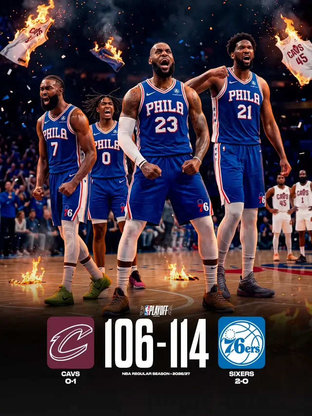 Wells Fargo Center erupted in pure disbelief as the Philadelphia 76ers climbed out of a 29-point hole to stun the Cleveland Cavaliers 114 to 106. Coming off their opening-night triumph over the Knicks at Madison Square Garden, Philadelphia pushed their record to 2 and 0 by executing one of the most unbelievable second-half comebacks the league has seen in years. Cleveland appeared completely untouchable through two quarters, but Philly flipped the script entirely when the game was on the line. Donovan Mitchell put on a scoring clinic early, dropping 32 points and grabbing 10 rebounds to help the Cavs build a massive 69 to 45 cushion before the break. However, the Sixers answered with a ruthless 33 to 11 surge in the second half that blew the arena wide open and broke Cleveland’s rhythm. Tyrese Maxey spearheaded the charge with an explosive 32 points and six assists, while Joel Embiid anchored the paint with 24 points. Flanked by Jaylen Brown’s 21 points and a near triple-double from LeBron James in his Philadelphia home debut (17 points, 10 rebounds, and five assists), the Sixers completely overwhelmed the Cavaliers down the stretch. Clawing out of a nearly thirty-point deficit to secure their second straight win proves that this newly assembled powerhouse has instant championship-level resilience. Even when buried under an early avalanche, Philadelphia refused to fold and showed the entire league they are never out of any fight. Are the undefeated Sixers officially the most terrifying team in the Eastern Conference? #sixers #philadelphia #NBA #basketball #lebronjames